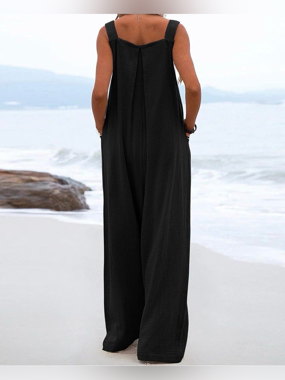 NWT Maacie Black Linen Blend Wide Leg Jumpsuit Overalls, Medium Boho Pockets 🌙🖤 - Picture 2 of 10